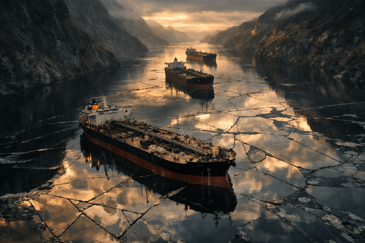 Three large tankers navigating through cracked ice on a fjord surrounded by rocky mountains at sunset