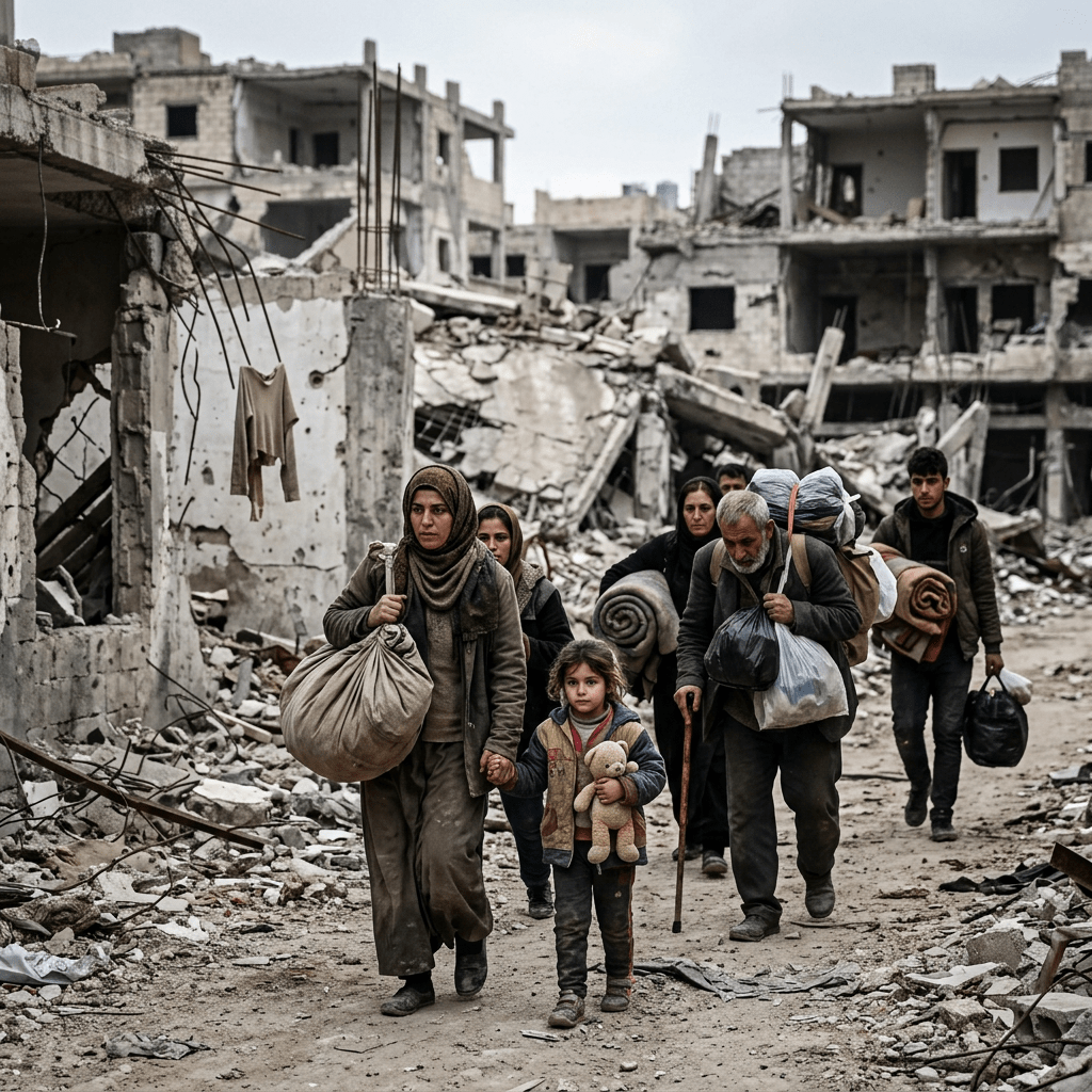 Displaced family carrying bags and blankets walking through rubble and destroyed buildings.