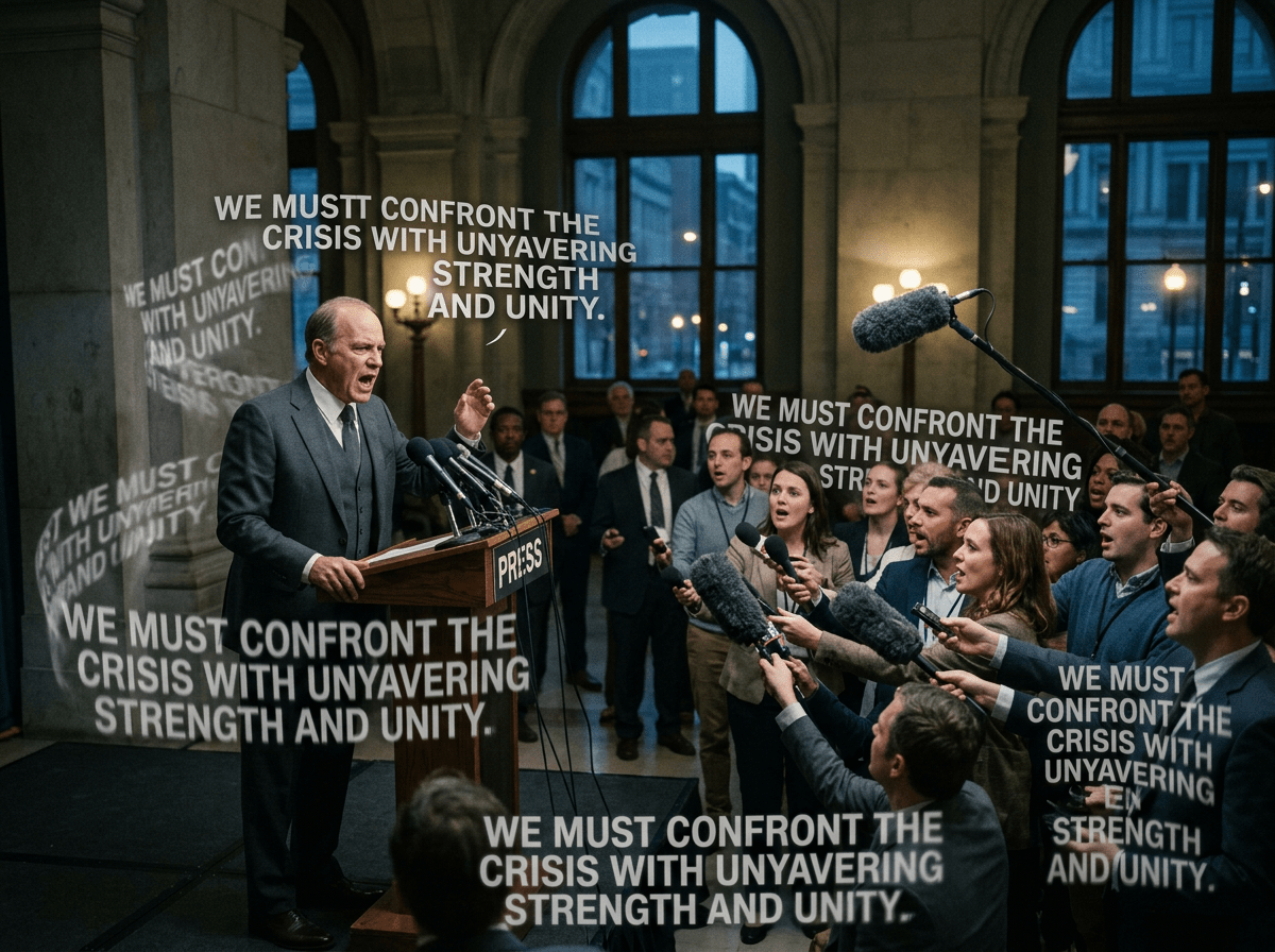 Man speaking at press conference emphasizing unity and strength