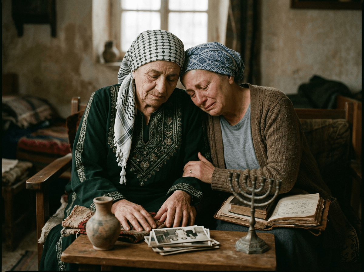 Two women sitting together, one crying and leaning on the other's shoulder, with old photos and a menorah on the table
