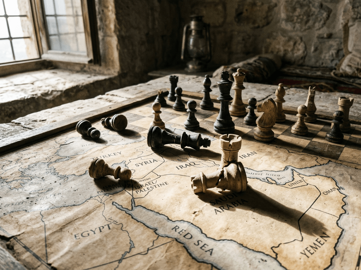 Chess pieces placed on a map showing Middle Eastern countries