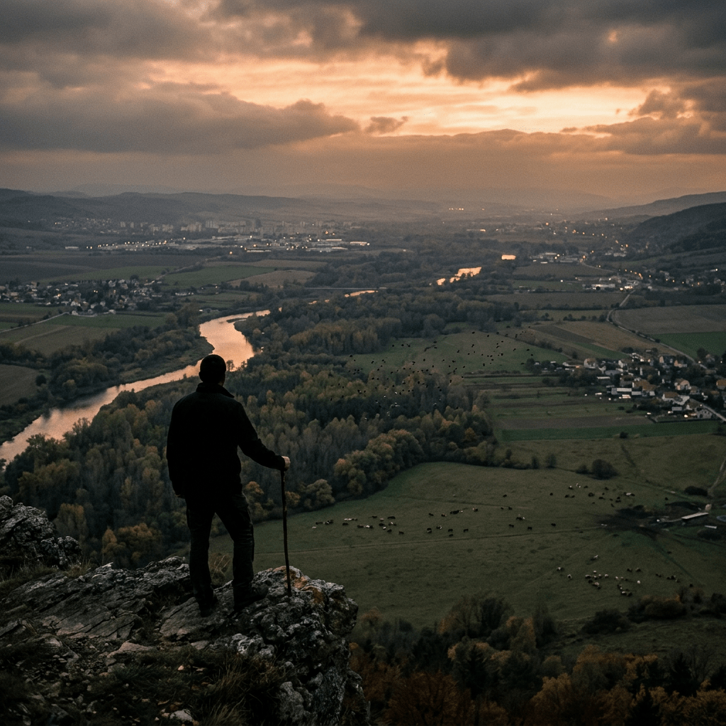 Hiker standing on rocky overlook above a river valley at sunset