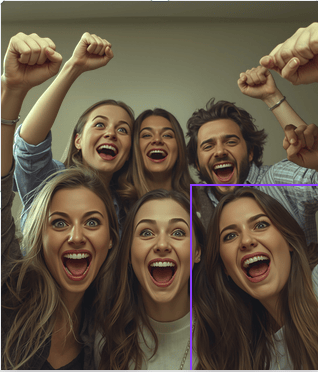 exaggerated open-mouth smiles and fist pumps